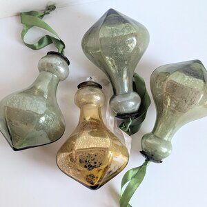 4 Vintage Kugel Midwest Yellow Gold & Green Glass Ornaments Teardrop